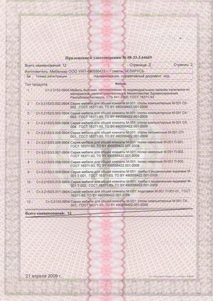 Приложение к удостоверению о государственной гигенической регистрации на мебель бытовую, изготовленную по индивидуальным заказам